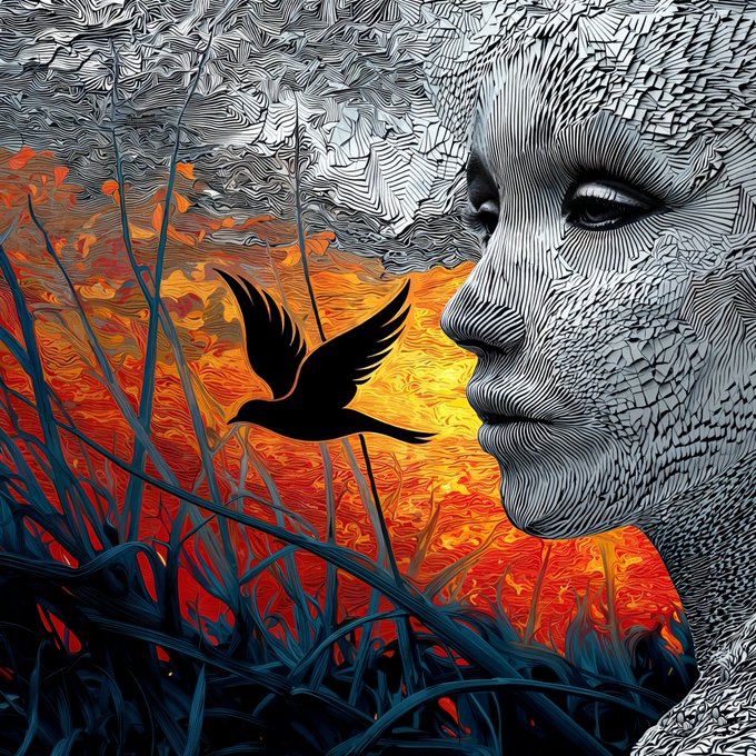 A stylized digital artwork depicting a profile of a woman's face composed of intricate line patterns against a vibrant orange and red sunset background, with a black bird silhouette flying among dark foliage.