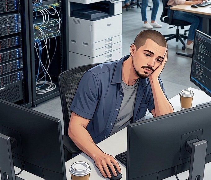 A digital illustration shows a tired IT worker resting his head on his hand at a desk with multiple monitors, coffee cups, and server racks in the background, symbolizing the exhaustion of crypto discussions. The image contrasts the human fatigue behind market cap debates with the post's argument that market cap is an outdated metric for crypto assets.