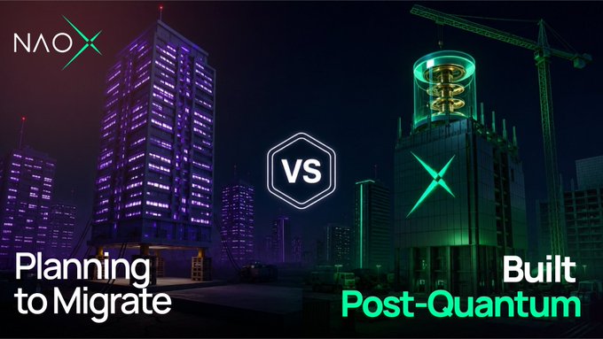 A promotional graphic from NAOX featuring a "VS" hexagon dividing two futuristic cityscapes—a purple-lit skyscraper labeled "Planning to Migrate" on the left and a green-lit building with a construction crane labeled "Built Post-Quantum" on the right—contrasting organizations that plan quantum migration with those, like Ethereum, that are building post-quantum cryptography from genesis.