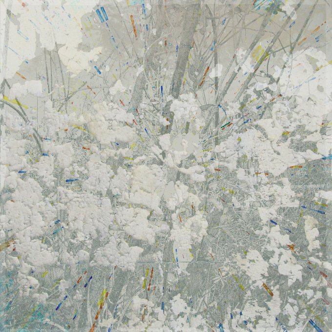 An abstract painting featuring a predominantly white and gray background with chaotic, radiating colorful brushstrokes in red, blue, and yellow.