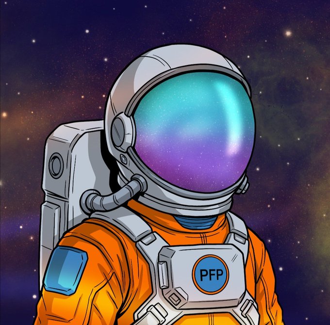 A digital illustration of an astronaut in an orange suit with a colorful reflective helmet visor, set against a starry galaxy background, with "PFP" displayed on the chest patch.
