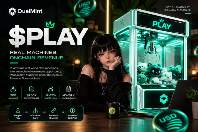 A promotional graphic for DualMint's $PLAY token features a young woman resting her chin on her hand beside a glowing teal claw machine filled with plush toys, with headlines reading "STEEL EARNS IT, SOLANA MOVES IT" and "$PLAY: REAL MACHINES. ONCHAIN REVENUE." It highlights key figures including 200 machines, $230K deposit target, 12-15% target yield, and monthly distributions, with a bottom flow showing "People Play → Machines Earn → Revenue Onchain → Investors Get Paid"—visually illustrating the post's concept of tokenizing thousands of small real-world claw machine transactions into onchain revenue.