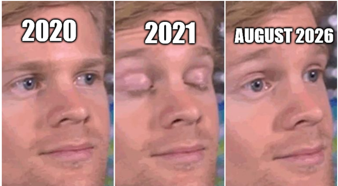 A three-panel meme showing a man's face progressively appearing more puffy and swollen, labeled '2020', '2021', and 'AUGUST 2026'.