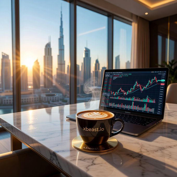A coffee cup branded 'xbeast.io' sits on a marble table next to a laptop displaying a green candlestick trading chart, with a sunset view of a city skyline through a large window.