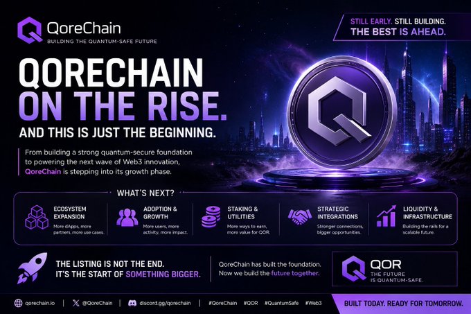 A promotional graphic for QoreChain titled 'QORECHAIN ON THE RISE, AND THIS IS JUST THE BEGINNING,' outlining its ecosystem expansion, adoption, and staking plans.