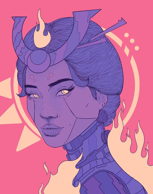 A stylized illustration of a purple-skinned figure with ornate horned headgear, glowing yellow eyes, and flames in the background set against a pink backdrop.