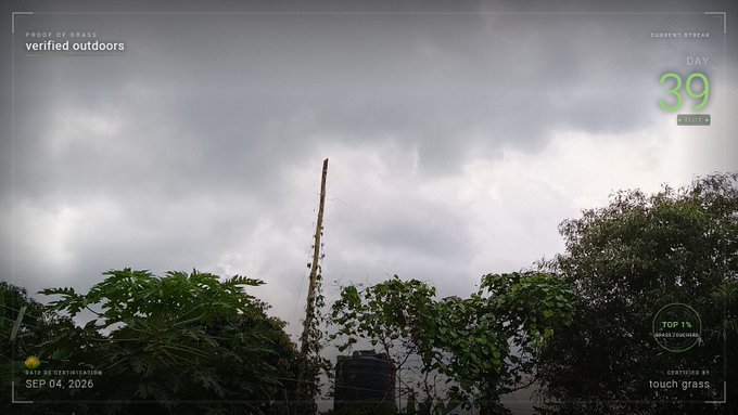 A weather/streak app screenshot showing 'Day 39' streak for 'verified outdoors' with water+creature garden active since SEP 04, 2026, featuring a gloomy cloudy sky over green foliage.
