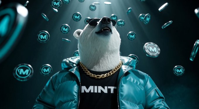 A polar bear mascot wearing sunglasses, a gold chain, and a teal puffer jacket stands against a dark background surrounded by floating crypto coins marked with 'M' and a shirt reading 'MINT'.