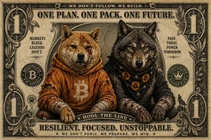 The image features two dogs, one wearing an orange hoodie and the other a black hoodie with a Bitcoin symbol on it. The text above them reads "One plan. One pack. One future." Below the dogs are three circles of different colors - white, green, and red. The caption below the image states "We don't panic. We prepare. We win."