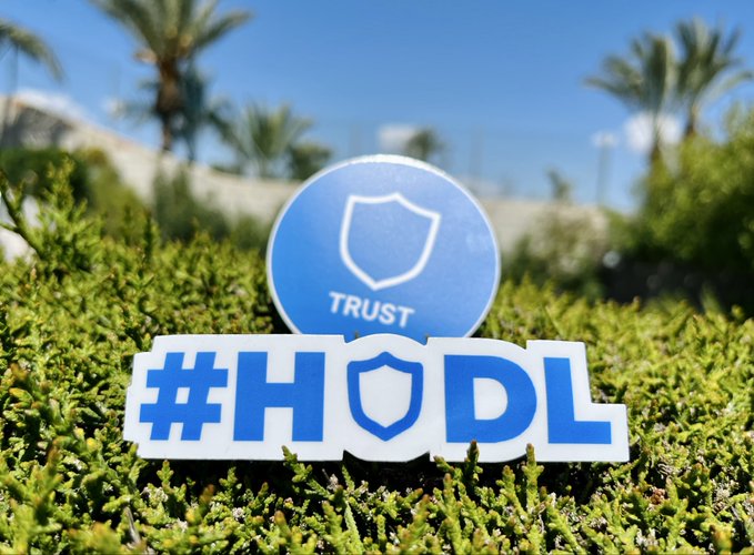 A Trust Wallet promotional display featuring a blue shield logo and the hashtag '#HODL' set against greenery with palm trees in the background.