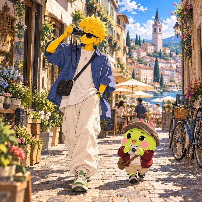An anime-style blonde character with sunglasses holds a camera while walking down a charming European cobblestone street, accompanied by a small green creature also carrying a camera.