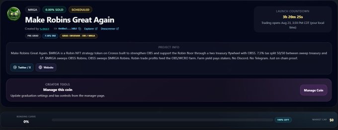A cryptocurrency token launch page titled 'Make Robins Great Again ($MRGA)' displays '0.00% SOLD' and a 'LAUNCH COUNTDOWN' of '3h 20m 25s' on a dark blue interface.