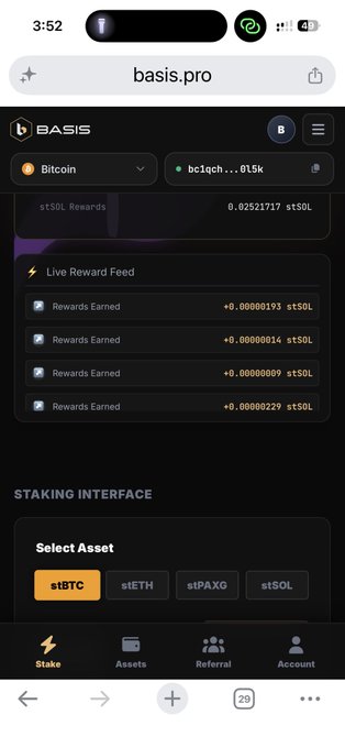 Screenshot of basis.pro website showing Bitcoin staking interface with stSOL rewards, live reward feed displaying various rewards earned, and staking interface options for stBTC, stETH, stPAXG, and stSOL.