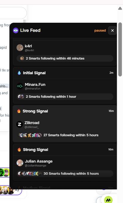 A dark-mode app interface titled 'Live Feed' showing alerts, including signals from 'Minara.Fun', 'Zilkroad', and 'Julian Assange', with follow counts and timestamps.