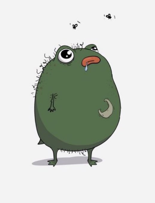 A droopy, sad green cartoon creature with a tear rolling down its face and flies buzzing around its head, illustrating the depressed, miserable mood of crypto traders as market expectations shrink from $100M moonshots to celebrating modest $15M FDV launches.