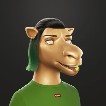 A 3D-rendered character featuring a horse-like head with a green mane, wearing a green shirt with a small 'Candy' logo.