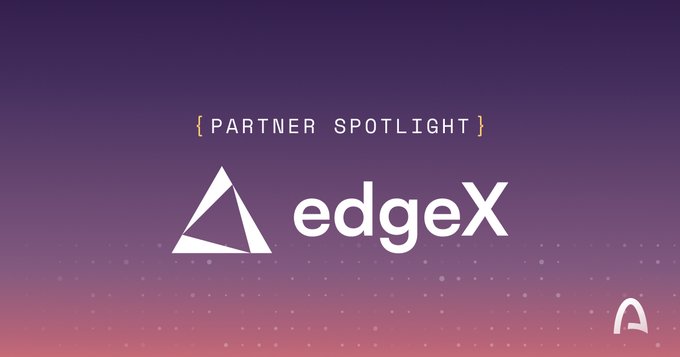 A purple and pink gradient background with text '{ PARTNER SPOTLIGHT }' above the 'edgeX' logo and its triangular emblem.