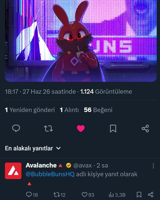A screenshot of a Twitter/X post from BubbleBunsHQ showing an animated red bunny character in a villainous pose, displaying 1,124 views, 56 likes, and a reply from Avalanche (@avax), with the accompanying message highlighting the early engagement from the official AVAX account and promoting code "BB-6VWR."