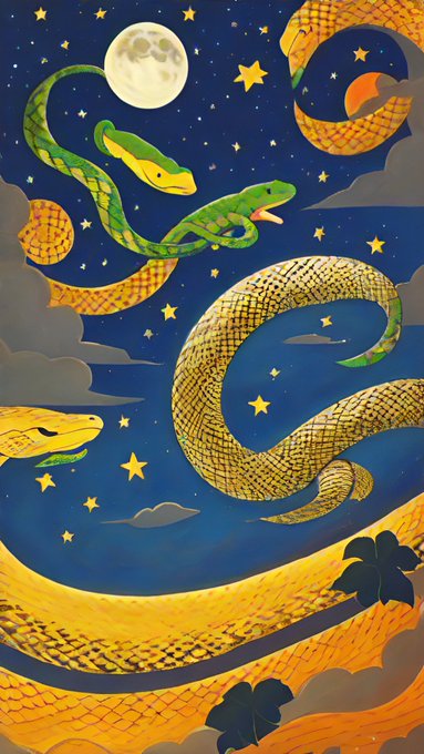 An artistic illustration depicts green and yellow snakes intertwined against a starry night sky with a full moon.