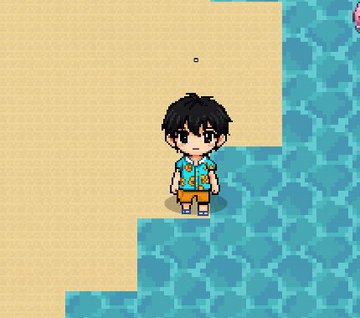 A pixel art character wearing a blue patterned shirt and orange shorts stands on a beach next to blue water. This image serves as a teaser for Havens, an upcoming pixel MMO being developed for Solana Mobile.