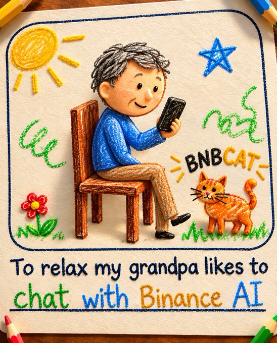 A crayon-style illustration showing an elderly man sitting on a chair looking at a phone, with a cat nearby labeled "BNBCAT," and text reading "To relax my grandpa likes to chat with Binance AI."