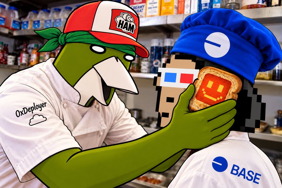 A Pepe the Frog chef wearing a 'HAM' hat labeled 'OxDeployer' feeding toast with ketchup to a pixelated character wearing a blue 'BASE' hat.