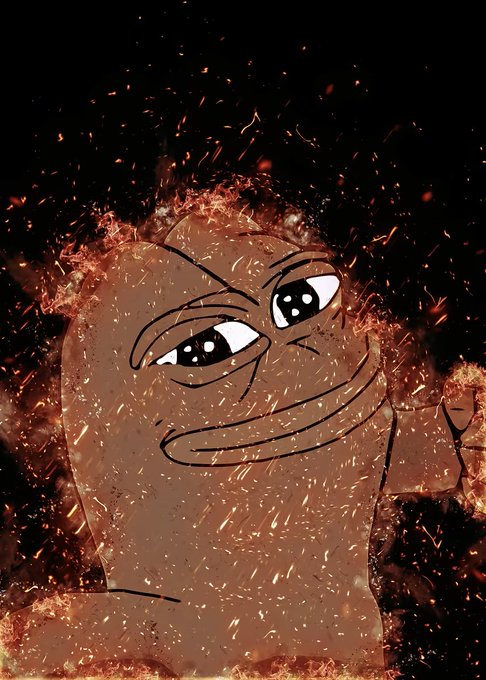 A Pepe-style cartoon face with a smug expression surrounded by fire and embers against a black background.