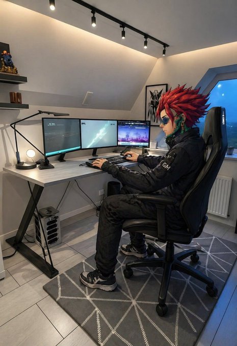 The image shows a person sitting at a desk with three computer monitors, two keyboards, and a mouse. The individual appears to be working late into the night or possibly playing video games. The scene suggests that the person might be neglecting their sleep schedule due to their engagement in these activities. This raises concerns about the importance of maintaining a healthy balance between work and rest, as well as the potential negative effects on one's physical and mental health when these two aspects are not properly managed.