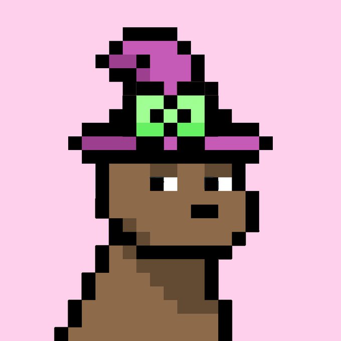 A pixel art illustration depicts a brown dog wearing a purple wizard hat decorated with a green four-leaf clover against a solid pink background.