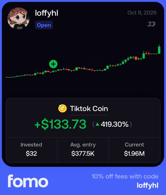 A dark-themed investment dashboard for user "loffyhl" showing a significant gain of +$133.73 (419.30%) on Tiktok Coin, with $32 invested and a current value of $1.96M, branded with "fomo."