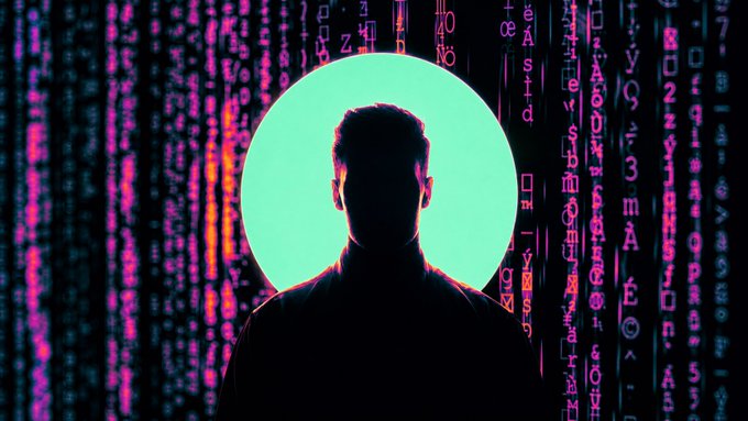 A silhouette of a man's head and shoulders is centered against a glowing teal circle, surrounded by a colorful, glitching matrix of falling letters, numbers, and symbols in pink, purple, and green.