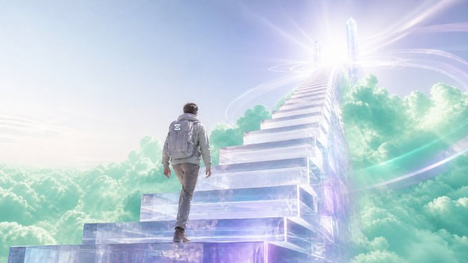 A lone man with a backpack ascends an ethereal glass staircase rising through clouds toward a glowing tower, symbolizing the relentless pursuit of one's goals in alignment with the message "The climb doesn't stop until we reach the top." No text, numbers, or specific identifiers are visible in the image itself.
