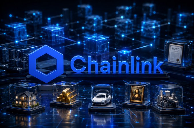 A 3D promotional graphic for 'Chainlink' showing the blue hexagonal logo and name, with various assets (house, gold, car, Mona Lisa, bond) displayed in transparent cubes.