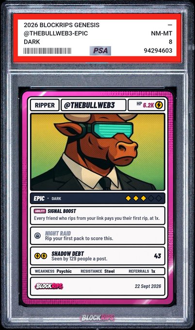 A graded PSA card featuring '2026 BLOCKRIPS GENESIS @THEBULLWEB3-EPIC DARK' with the character Ripper, rated NM-MT 8.