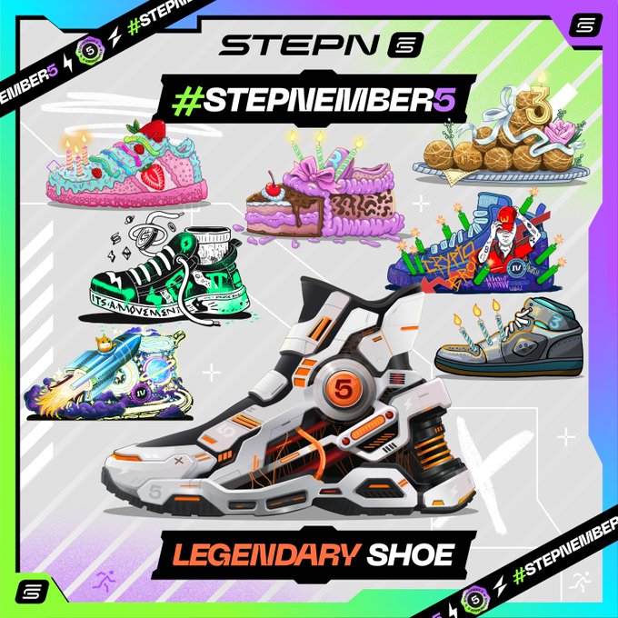 A promotional graphic for STEPN's 5th anniversary featuring the "LEGENDARY SHOE" #STEPNEMBER5 sneaker, a white and orange high-tech sneaker displayed in the center, surrounded by festive treats including cake, sushi rolls, and other themed items, with "STEPN" and "#STEPNEMBER5" branding throughout.