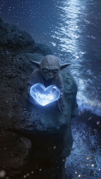 The image features a small statue of Yoda, holding a heart-shaped crystal that says "VeVe" written on it. The statue is positioned on top of a cliff overlooking the ocean. The caption above the image reads "A little wisdom. A little magic. Some collectibles shine because they're rare. Others shine because of how they make you feel." This suggests that Yoda's presence in the scene symbolizes wisdom, power, and strength, while also evoking feelings of love and affection through his heart-shaped crystal. The image is related to a post about digital collectibles or fan art featuring Yoda from Star Wars, as it showcases the statue and its unique design.