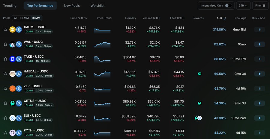 A dark-themed dashboard displays the top-performing Cetus DLMM and CLMM liquidity pools over the past 24 hours, ranked by APR. The list features pairs like XAUM-USDC (315.86% APR), WAL-USDC (112.62% APR), TAKE-USDC (88.05% APR), HAEDAL-USDC (69.58% APR), ZLP-USDC (62.79% APR), CETUS-USDC (54.36% APR), SUI-USDC (43.98% APR), and PYTH-USDC (44.22% APR), showing key metrics including 24-hour price changes, liquidity, volume, fees, and rewards.