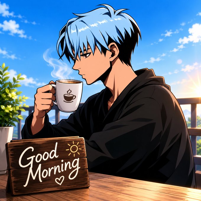 An anime-style illustration of a young man with light blue hair wearing a black hoodie, drinking from a coffee mug with a 'Good Morning' wooden sign and a small plant on the table beside him.