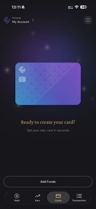 A mobile app screen from ether.fi displays a purple and blue virtual card under the "My Account" tab, prompting the user with "Ready to create your card? Get your new card in seconds" along with an "Add Funds" button. This represents the successful card creation step described in the tutorial, where users follow the registration process with a Hong Kong address and phone number to obtain their U Card.
