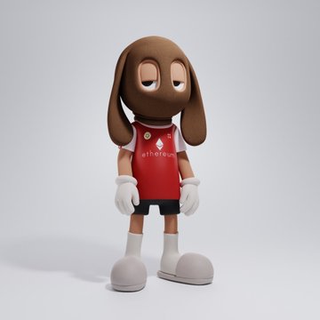 A 3D-rendered cartoon character resembling a dog wearing a red soccer jersey with 'ethereal' branding, white gloves, and gray shoes stands against a plain background.