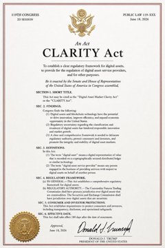 The image shows the official cover page of the draft "CLARITY Act," a bill introduced in the 119th Congress, 1st Session, as Public Law No. XXX, dated June 10, 2025. It is signed by Donald J. Trump, President of the United States, and includes a gold presidential seal, indicating this is a new combined version of the bill that incorporates provisions from both the Senate Banking and Agriculture Committees, including a newly added ethics provision.