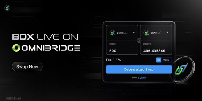 Promotional banner for 'BDX LIVE ON OMNIBRIDGE' showing a decentralized swap interface for swapping BDX (BOX) tokens with a 0.3% fee.