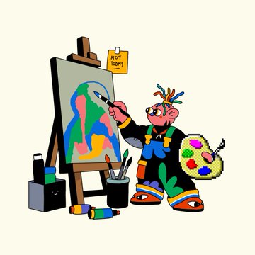 A cartoon illustration of a punk-style character with multicolored hair, colorful clothing, and face piercings painting an abstract portrait on an easel with a palette, labeled "ART TOOL?" on a sticky note.
