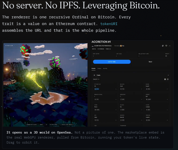 An interface explains a project with the text "No server. No IPFS. Leveraging Bitcoin," showing a 3D voxel world on OpenSea alongside a token details panel for "ACCRETION #1."