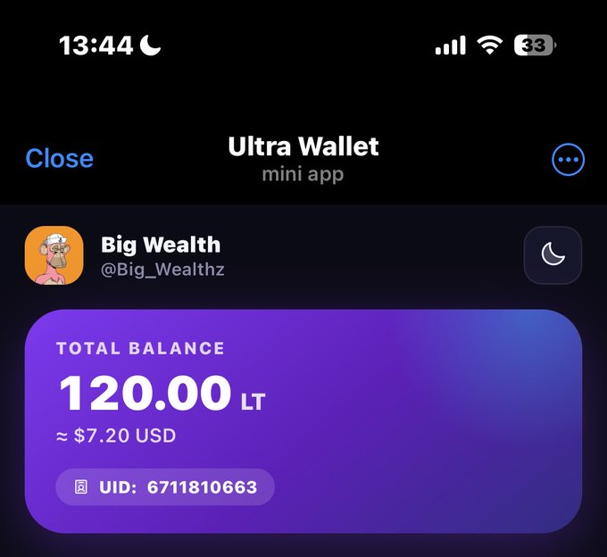 A screenshot of the Ultra Wallet mini app within Telegram displays user "Big Wealth" with a total balance of 120.00 LT (approximately $7.20 USD) and a UID of 6711810663, illustrating the post's point about accessing crypto tools directly within Telegram without switching apps.