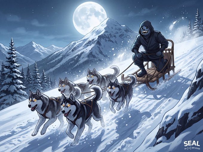 An AI-generated illustration of a hooded figure riding a sled pulled by a team of huskies across a snowy mountain landscape at night under a full moon, branded with the 'SEAL' logo.