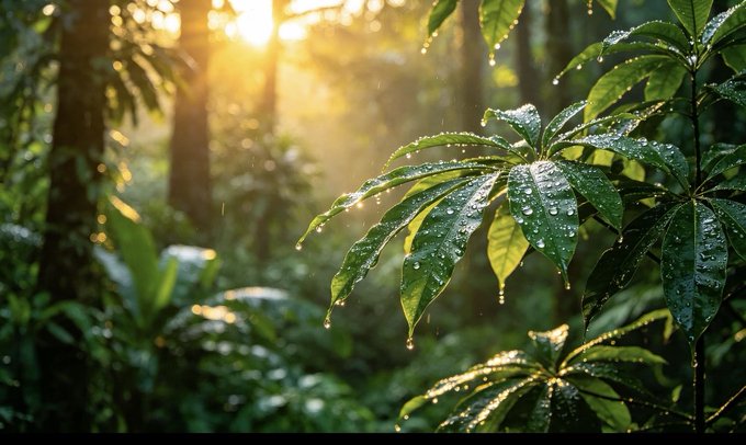 A close-up photograph of lush green tropical leaves covered in water droplets, illuminated by warm sunlight filtering through the forest canopy.