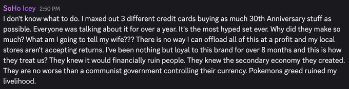 A Discord message from user 'Solho Icey' complaining about a hyped 30th Anniversary release, mentioning being unable to offload purchases and criticizing the brand and Pokemon.