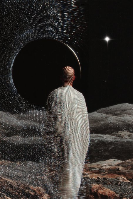 An artistic digital collage featuring a person in a white robe standing on a rocky, lunar-like surface, with a black circular eclipse or portal to the left and a bright star in the dark sky.