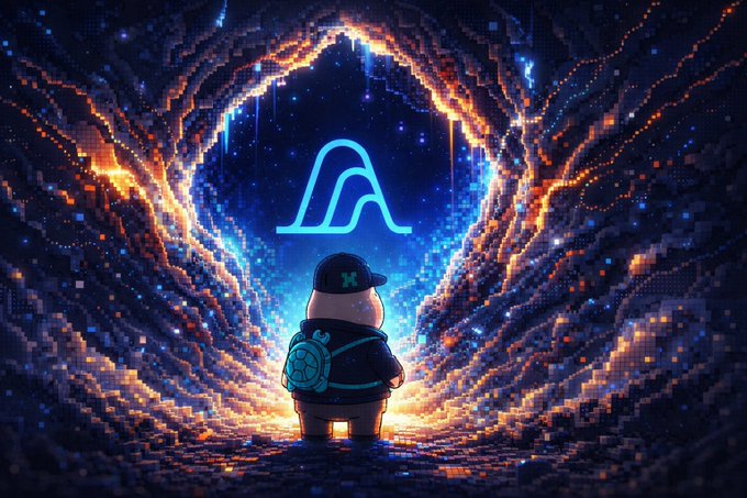 A digital artwork of a small character with a backpack and cap standing at the entrance of a glowing, pixelated tunnel, with a neon blue wave-like logo floating above.